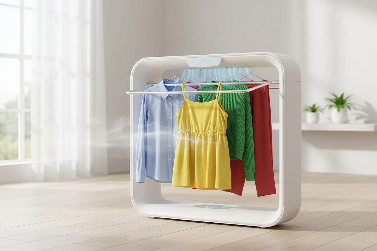 Vista detalle del secador de ropa portátil con ropa colorida y luz natural